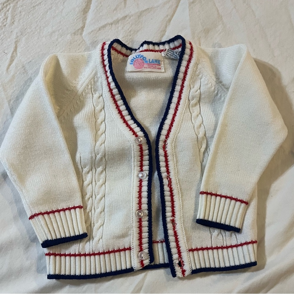 Vintage White Kids Cardigan with Red and Blue Trim